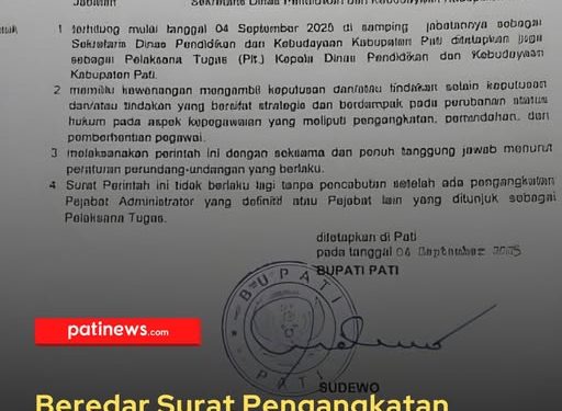 Beredar Surat Pengangkatan Sriyatun jadi Plt Kepala Dinas Pendidikan Pati