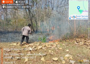 Polsek Lasem Polres Rembang Laksanakan Groundcheck dan Pemadaman Kebakaran Lahan Pohon Jati di Desa Selopuro